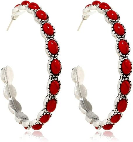 Turquoise Bohemian Dangle Metal Silver-Tone And Faux Turquoise Hoop Earrings Beaded Western Cowgirl Statement Earrings Vintage Valentine Jewelry Gift in Kuwait