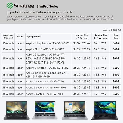 Smatree SlimPro Laptop Sleeve Case for 15.6 inch Acer Aspire Go 15 AG15-31P-3894, for 15.6 inch Aspire 3D 15 SpatialLabs Edition Laptop A3D15, for 15.6inch Aspire-7/3/1, Case with Pocket (S602) in Saudi Arabia