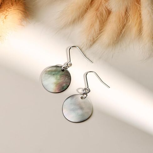 Silver Abalone Shell Disc Dangle Earrings - Unique Handmade Circle Drop Earrings for Daily & Beach Styles in Saudi Arabia