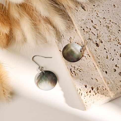 Silver Abalone Shell Disc Dangle Earrings - Unique Handmade Circle Drop Earrings for Daily & Beach Styles in Saudi Arabia