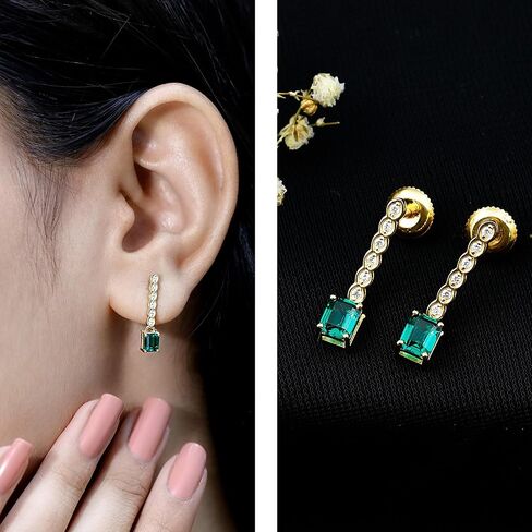 أقراط الماس الزمرد المعتمدة في المختبر من الفضة، جودة AAA، أقراط الزفاف الزمرد - جاهزة للهدايا in Kuwait