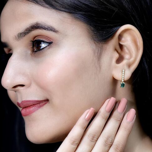 أقراط الماس الزمرد المعتمدة في المختبر من الفضة، جودة AAA، أقراط الزفاف الزمرد - جاهزة للهدايا in Kuwait