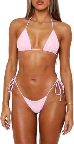 Alyweatry Women Sexy String Bikini Set Y2k Halter Triangle High Cut Tie Side Solid Color Bathing Suit Swimwear in Kuwait