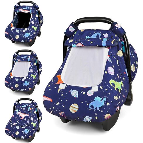 Baby Car Seat Cover Winter, Windproof Blue Carseat Covers for Newborn with 2 Layers Window, Dinosaurs Infant Car Seat Canopy for Boys with Minky Dot Backing, Keeps Babies Warm and Cozy in Kuwait