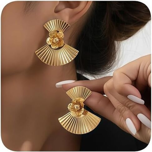 Vintage Fan-Shaped Statement Earrings, Gold Plated, Textured Design with Flower Embellishments in Saudi Arabia