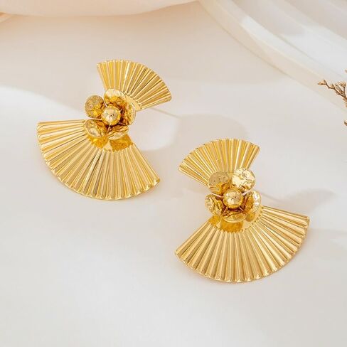 Vintage Fan-Shaped Statement Earrings, Gold Plated, Textured Design with Flower Embellishments in Saudi Arabia