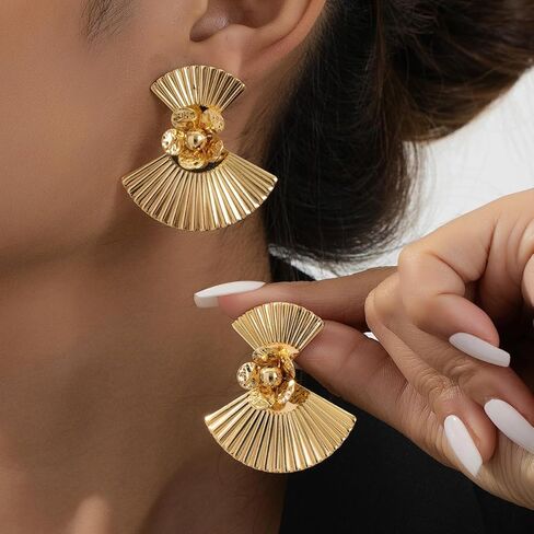 Vintage Fan-Shaped Statement Earrings, Gold Plated, Textured Design with Flower Embellishments in Saudi Arabia