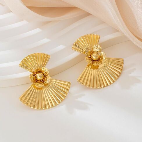Vintage Fan-Shaped Statement Earrings, Gold Plated, Textured Design with Flower Embellishments in Saudi Arabia