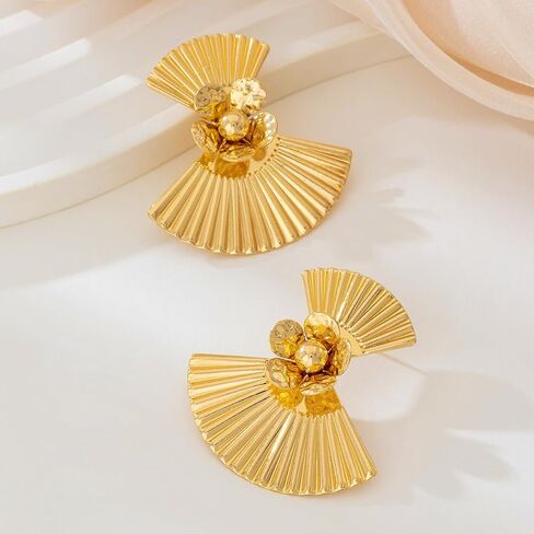 Vintage Fan-Shaped Statement Earrings, Gold Plated, Textured Design with Flower Embellishments in Saudi Arabia