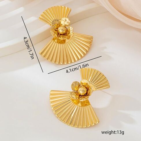 Vintage Fan-Shaped Statement Earrings, Gold Plated, Textured Design with Flower Embellishments in Saudi Arabia