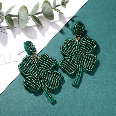 Boderier St Patrick's Day Earrings Green Leprechaun Beaded Pom Pom Fashion Earrings Lucky Irish Drop Dangle Earrings Party Costume Accessories for Women in Saudi Arabia