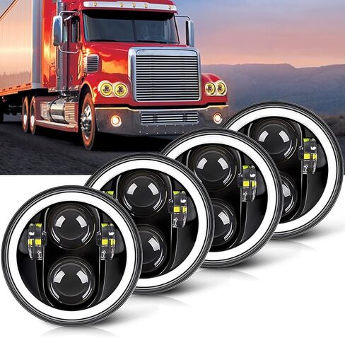 مصباح أمامي LED 5 3/4 5.75 بوصة مع مصباح أمامي Amber Halo DRL LED لجهاز عرض مختوم متوافق مع Kenworth W900 Challenger Gran Torino P-eterbilt 352 (4 قطع) in Kuwait