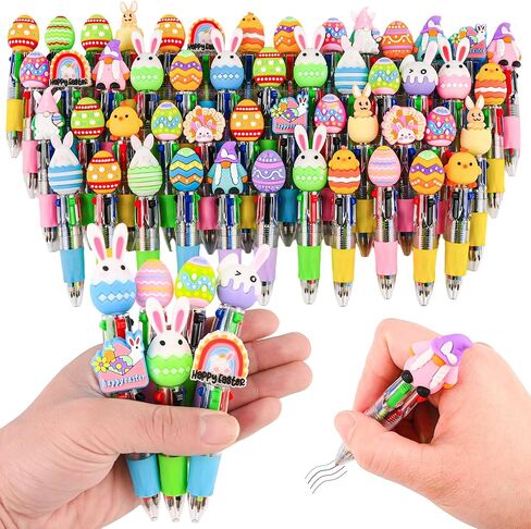LiYiQ 25 Pcs Easter Multicolor Pen in One Cartoon Cute Fun 4-in-1 Cute Pens Bulk Kawaii Easter Eggs Rabbit Chicken Rainbows Gnome Shape Cool Ballpoint Pens for Fun Gifts in Kuwait
