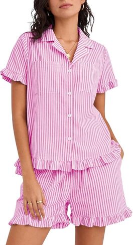 Kissonic Womens Striped Pajamas Set 2 Piece Cotton Short Sleeve Ruffle Pajama V Neck Striped Pjs Lounge in Kuwait