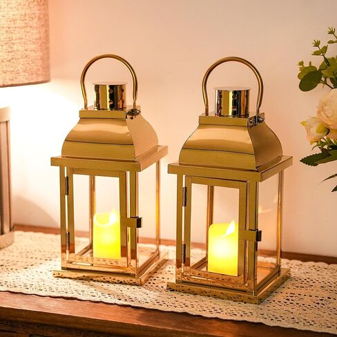 Set of 2 Decorative Candle Lantern 10'' High Hanging Candle Holder Matel Vintage Lantern Decor with Tempered Glass for Indoor Outdoor Home Table Patio Wedding(Gold) in Saudi Arabia