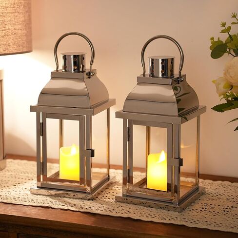Set of 2 Decorative Candle Lantern 10'' High Hanging Candle Holder Matel Vintage Lantern Decor with Tempered Glass for Indoor Outdoor Home Table Patio Wedding(Gold) in Saudi Arabia