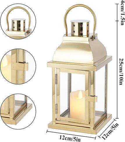 Set of 2 Decorative Candle Lantern 10'' High Hanging Candle Holder Matel Vintage Lantern Decor with Tempered Glass for Indoor Outdoor Home Table Patio Wedding(Gold) in Saudi Arabia