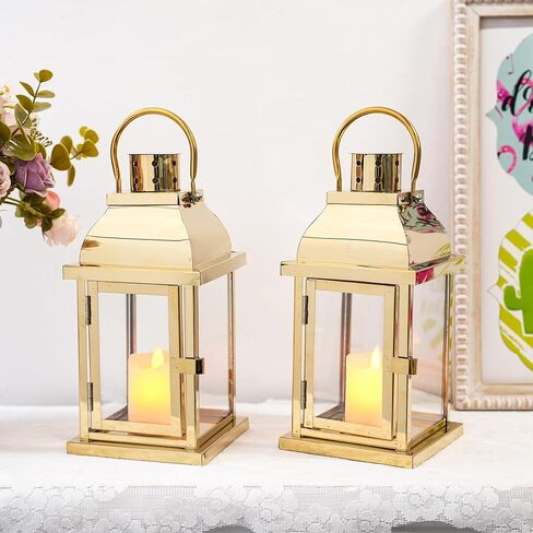 Set of 2 Decorative Candle Lantern 10'' High Hanging Candle Holder Matel Vintage Lantern Decor with Tempered Glass for Indoor Outdoor Home Table Patio Wedding(Gold) in Saudi Arabia