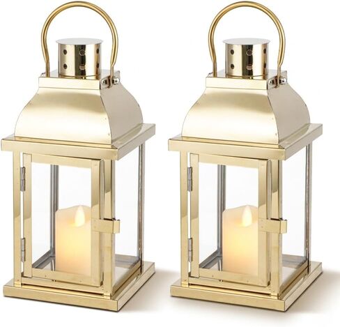 Set of 2 Decorative Candle Lantern 10'' High Hanging Candle Holder Matel Vintage Lantern Decor with Tempered Glass for Indoor Outdoor Home Table Patio Wedding(Gold) in Saudi Arabia