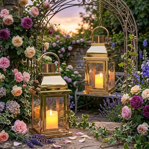 Set of 2 Decorative Candle Lantern 10'' High Hanging Candle Holder Matel Vintage Lantern Decor with Tempered Glass for Indoor Outdoor Home Table Patio Wedding(Gold) in Saudi Arabia