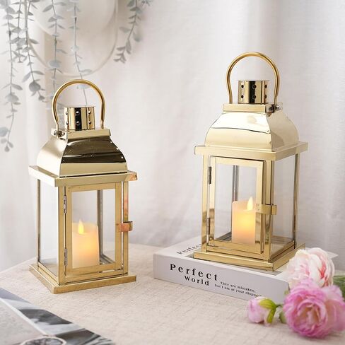 Set of 2 Decorative Candle Lantern 10'' High Hanging Candle Holder Matel Vintage Lantern Decor with Tempered Glass for Indoor Outdoor Home Table Patio Wedding(Gold) in Saudi Arabia