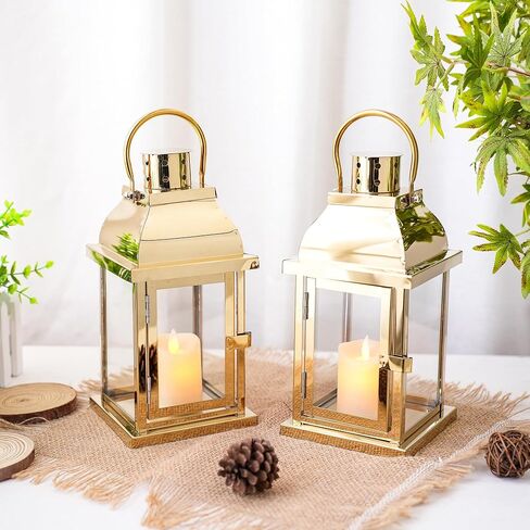 Set of 2 Decorative Candle Lantern 10'' High Hanging Candle Holder Matel Vintage Lantern Decor with Tempered Glass for Indoor Outdoor Home Table Patio Wedding(Gold) in Saudi Arabia