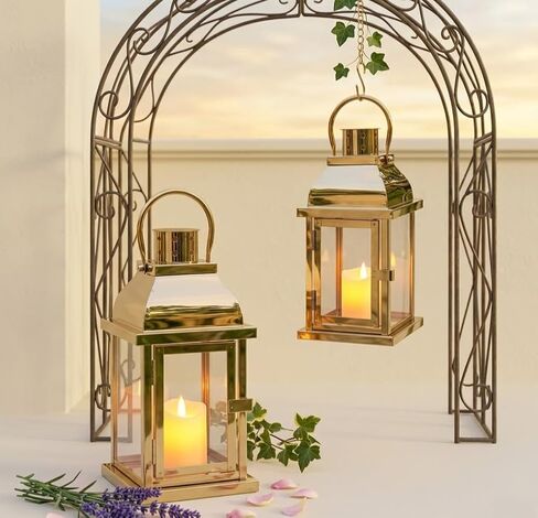 Set of 2 Decorative Candle Lantern 10'' High Hanging Candle Holder Matel Vintage Lantern Decor with Tempered Glass for Indoor Outdoor Home Table Patio Wedding(Gold) in Saudi Arabia