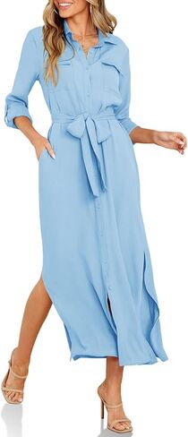 فستان قميص نسائي من Wenrine بأزرار سفلية كاجوال من الشيفون بطول 3/4 كم وحزام خفيف الوزن متوسط ​​الطول مع فتحة in Kuwait