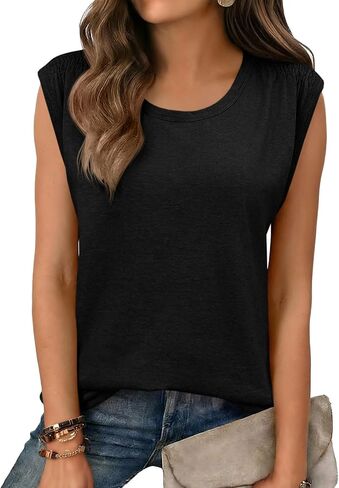 Tankaneo Womens Sleeveless Tank Tops Pleated Summer Scoop Neck Shirred Tops Dressy Casual Loose Fit Basic Tee Shirts in Saudi Arabia