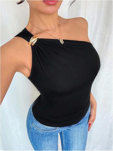 WDIRARA Women's One Shoulder Tops Metal Decor Sleeveless Ruched Tank Dressy Crop Tops in Saudi Arabia