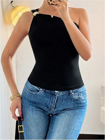 WDIRARA Women's One Shoulder Tops Metal Decor Sleeveless Ruched Tank Dressy Crop Tops in Saudi Arabia