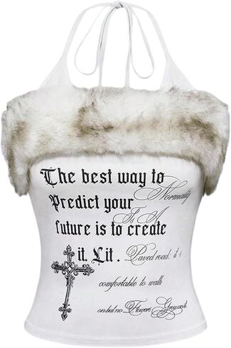 SHENHE Women's Y2K Goth Fuzzy Halter Crop Top Cross Print Backless 2000s Grunge Emo Shirt Tnak in Saudi Arabia