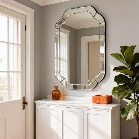 مرايا غرفة المعيشة مقاس 39.4 بوصة × 27.6 بوصة للجدار، مرآة حائط مقوسة مزخرفة بزاوية مستديرة مموجة مشطوفة للحمام وغرفة الطعام وطريق الدخول in Kuwait