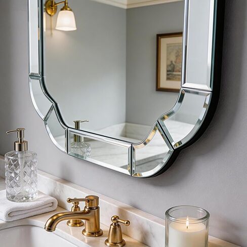 مرايا غرفة المعيشة مقاس 39.4 بوصة × 27.6 بوصة للجدار، مرآة حائط مقوسة مزخرفة بزاوية مستديرة مموجة مشطوفة للحمام وغرفة الطعام وطريق الدخول in Kuwait