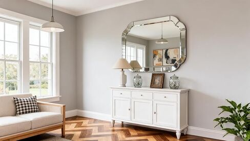 مرايا غرفة المعيشة مقاس 39.4 بوصة × 27.6 بوصة للجدار، مرآة حائط مقوسة مزخرفة بزاوية مستديرة مموجة مشطوفة للحمام وغرفة الطعام وطريق الدخول in Kuwait