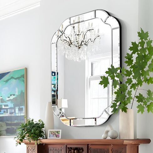 مرايا غرفة المعيشة مقاس 39.4 بوصة × 27.6 بوصة للجدار، مرآة حائط مقوسة مزخرفة بزاوية مستديرة مموجة مشطوفة للحمام وغرفة الطعام وطريق الدخول in Kuwait