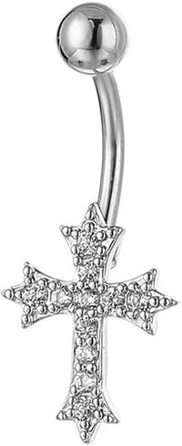 14G Rhinestone Cross Belly Button Rings for Women Sparkling CZ Paved Cross Navel Rings Belly Piercing Barbell Belly Piercing Jewelry Gold Silver in Kuwait