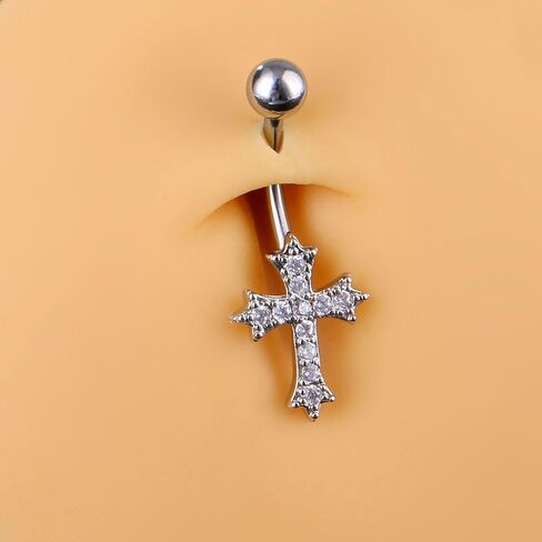 14G Rhinestone Cross Belly Button Rings for Women Sparkling CZ Paved Cross Navel Rings Belly Piercing Barbell Belly Piercing Jewelry Gold Silver in Saudi Arabia