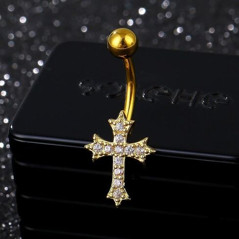 14G Rhinestone Cross Belly Button Rings for Women Sparkling CZ Paved Cross Navel Rings Belly Piercing Barbell Belly Piercing Jewelry Gold Silver in Saudi Arabia