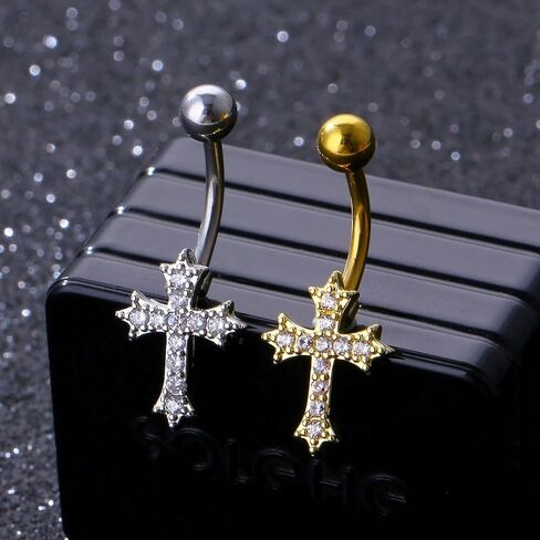 14G Rhinestone Cross Belly Button Rings for Women Sparkling CZ Paved Cross Navel Rings Belly Piercing Barbell Belly Piercing Jewelry Gold Silver in Saudi Arabia