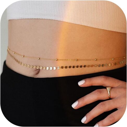 سلاسل خصر ذهبية للنساء سلاسل بطن مطلية بالذهب عيار 14 قيراط متعددة الطبقات من خرز الأقمار الصناعية سلاسل جسم للعملات المعدنية للخصر سلسلة بيكيني للشاطئ الصيفية قابلة للتعديل in Kuwait