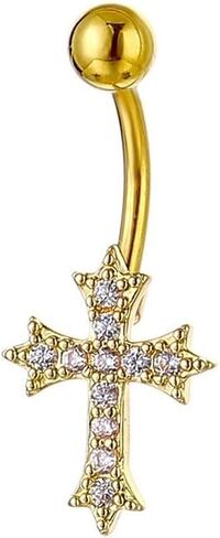 14G Rhinestone Cross Belly Button Rings for Women Sparkling CZ Paved Cross Navel Rings Belly Piercing Barbell Belly Piercing Jewelry Gold Silver in Saudi Arabia