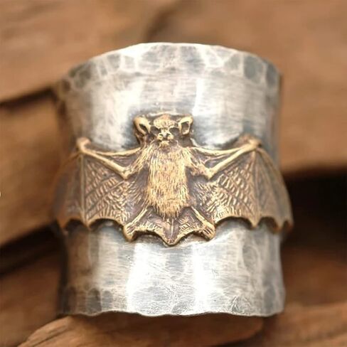 Retro S925 Sterling Silver Bat Ring, Wide Band Ring for Women,Vintage Thumb Index Full Finger Statement Ring Boho Jewelry in Kuwait