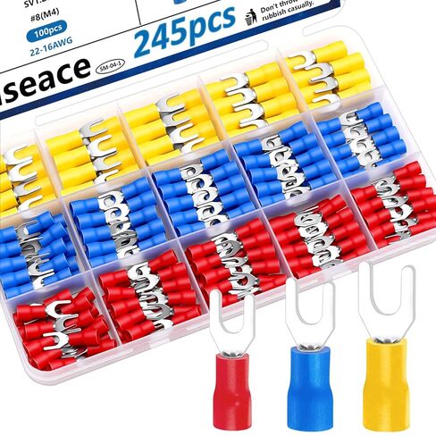 smseace 245Pcs #8 Fork Spade Connectors 22-16/16-14/12-10 AWG Fork Terminal Connectors Insulated Wire Fork Connectors U-Type Crimp Terminal Cnnectors in Kuwait