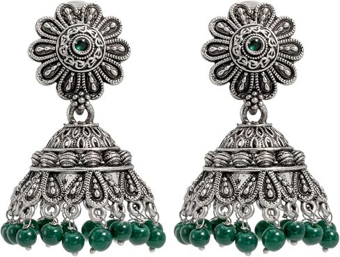 Bodha Antique Silver Oxidised CZ, Crystal Studded Jhumka Earring For Women - Silver, Green (SJE_105_S_G) in Saudi Arabia