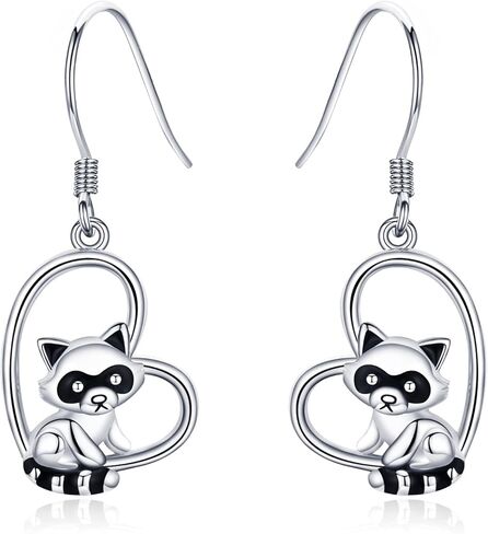 Sterling Silver Raccoon Heart Earrings - Hypoallergenic Cute Animal Drop Dangle Chandelier Earrings in Kuwait
