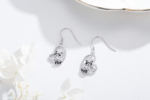 Sterling Silver Raccoon Heart Earrings - Hypoallergenic Cute Animal Drop Dangle Chandelier Earrings in Kuwait