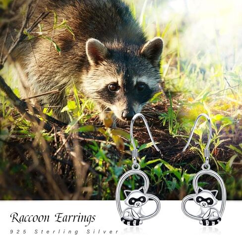 Sterling Silver Raccoon Heart Earrings - Hypoallergenic Cute Animal Drop Dangle Chandelier Earrings in Kuwait