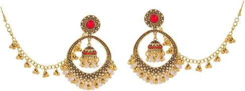NewZenro Jhumkas دائرة مجوفة مطرز شرابة مقلد تشيكوسلوفاكيا تتدلى القرط للنساء سلسلة طويلة إكسسوارات الشعر الهندي خمر بوهو الأقراط التقليدية موضة مجوهرات فريدة من نوعها in Saudi Arabia