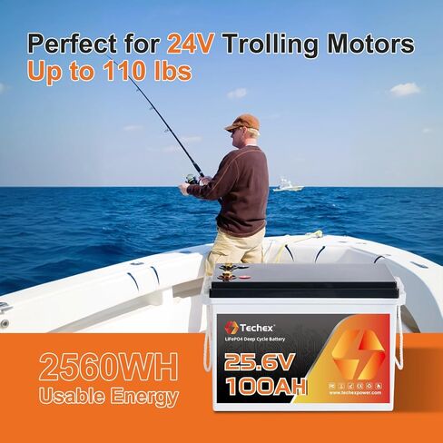 Techex 24V 100Ah LiFePO4 Battery, 100A BMS, 2560W Load Power, Low Temp Cut Off, Deep Cycle, 24V lithium battery for Trolling Motor, Boat, RV, Solar, Camping, Off Grid （No Bluetooth） in Saudi Arabia